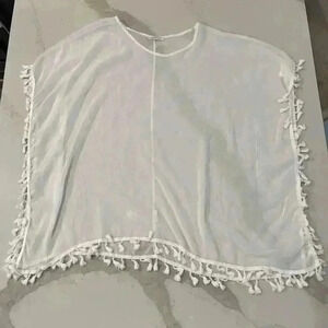 Adreamly Women’s Beach Swim Cover Up White Kafton White Pom Pom Trim Small